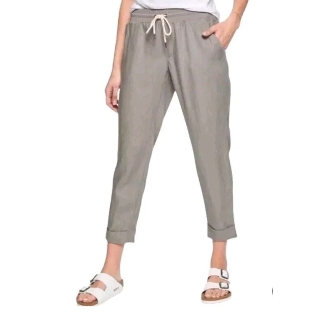 ATHLETA Women Bali Cuffed Ankle Linen Pants Elastic Waist Gray‎ Pockets